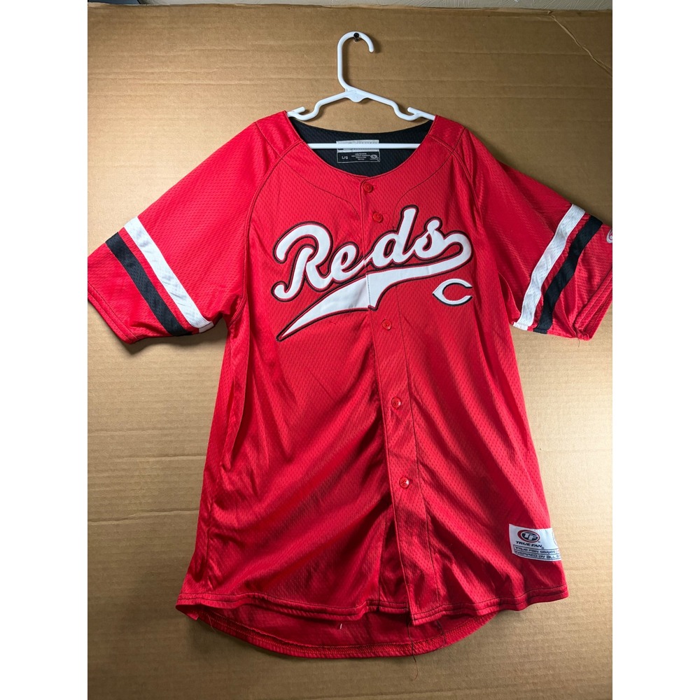 True Fan Cincinnati Reds Baseball Jersey Mens Large Red Outlaw 9 Mesh Button Up